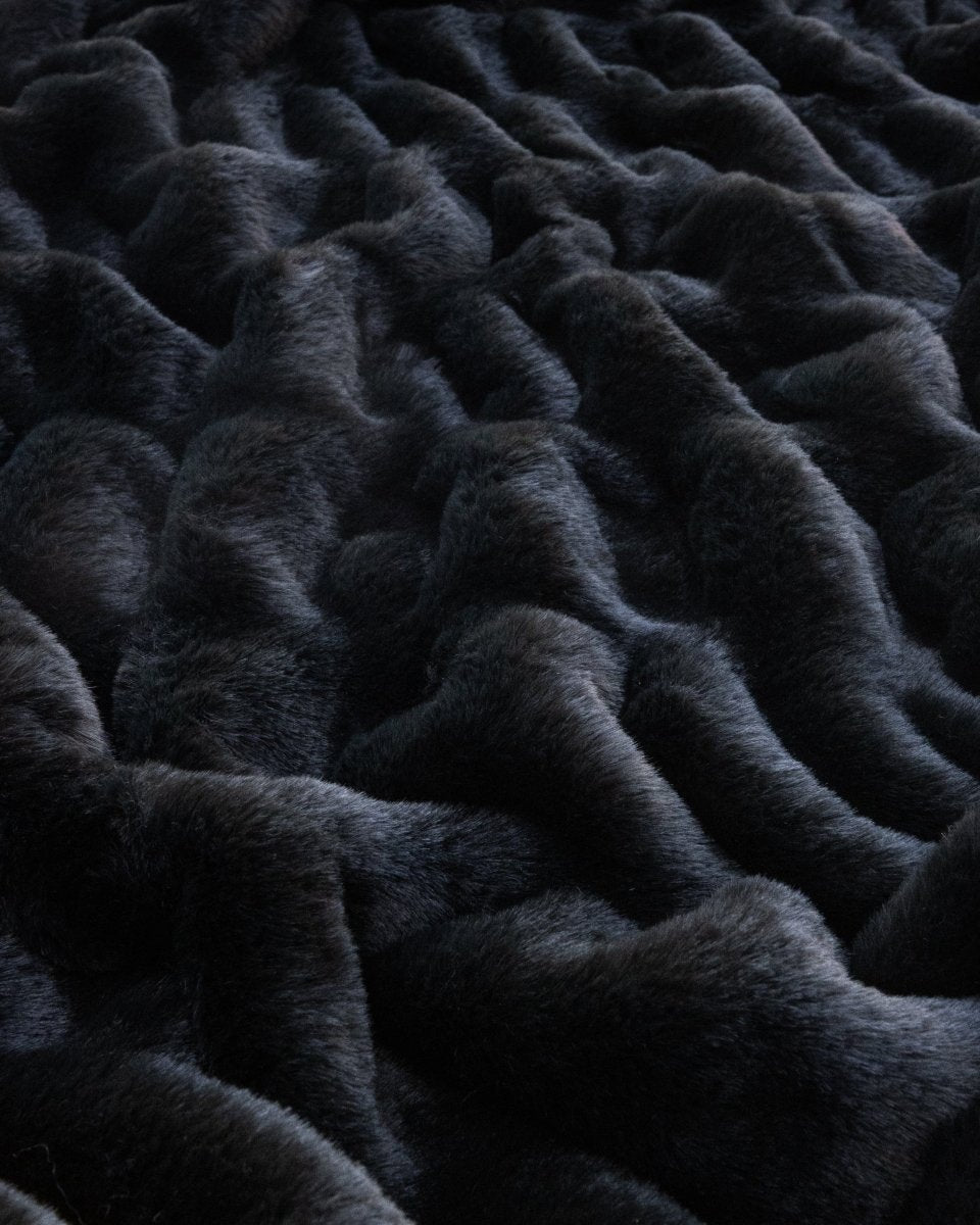 Caviar Black Cloud Throw ultra soft luxury faux fur weighted blanket up close.