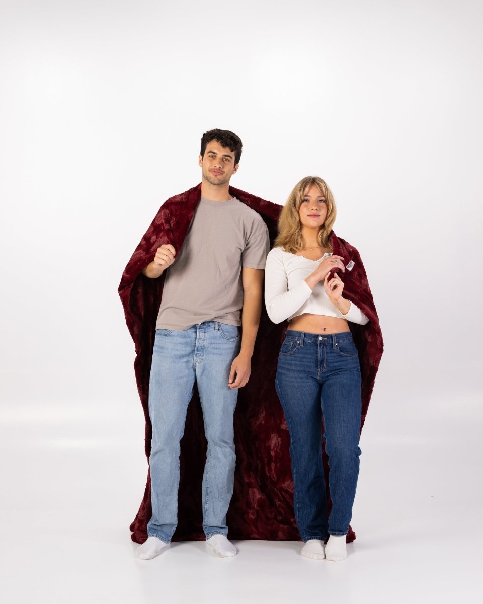 Crimson Red Throw soft faux fur oversized blanket wrap around a couple