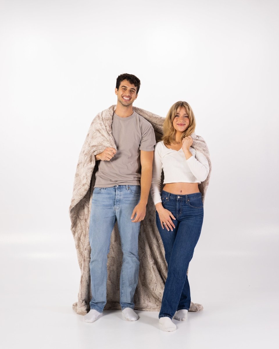 Quartz Tan Throw soft faux fur oversized blanket wrapped around couple
