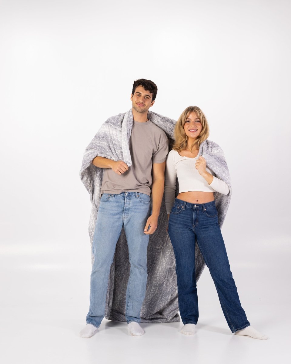 Silver Blue Gray Fawn Throw soft faux fur oversized blanket wrapped couple