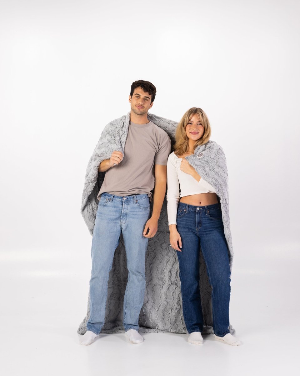 Silver Gray Throw wrapped around couple, oversized blanket.
