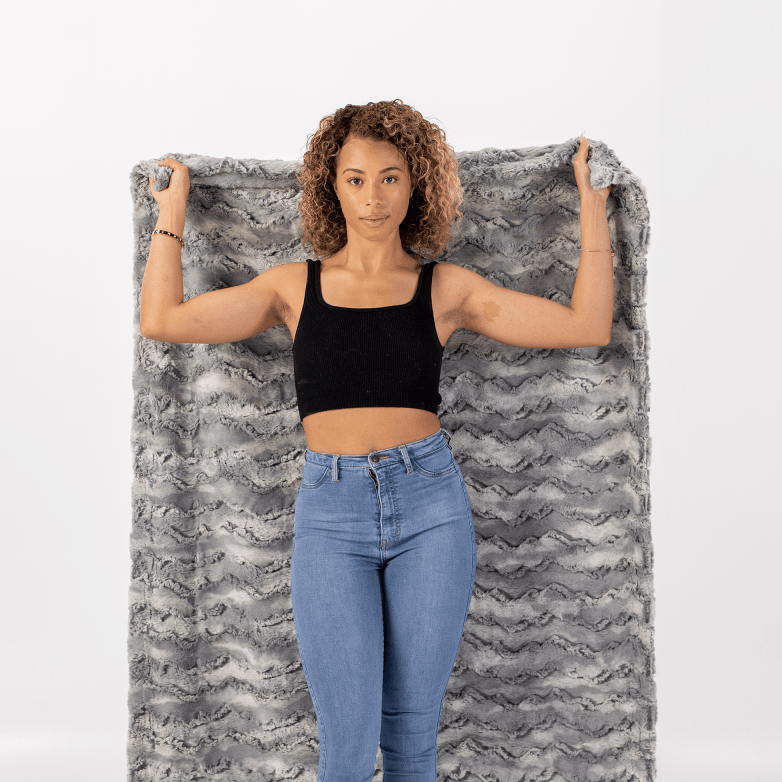 The Dream Set Gray travel bundle for gifting with faux fur blanket, eye mask and bag.