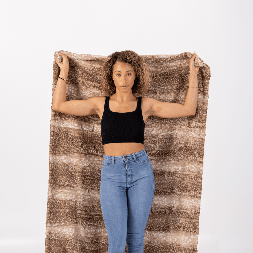 The Dream Set Fawn Mocha Brown travel bundle for gifting with faux fur blanket, eye mask and bag.