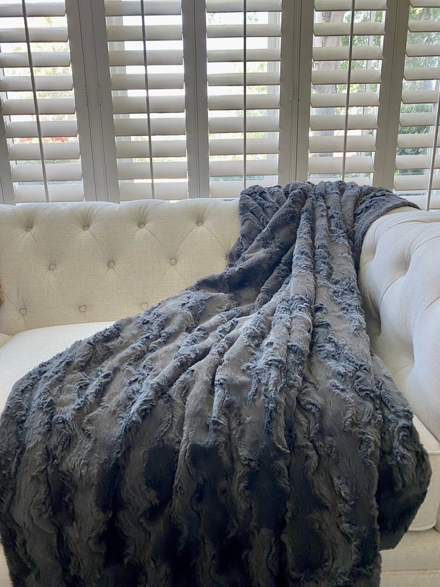 Charcoal Dark Gray Throw soft faux fur blanket draped living room couch home
