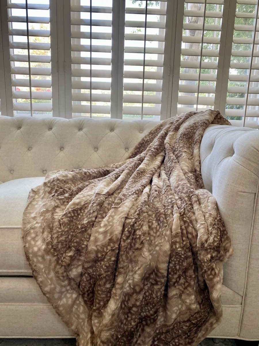 Fawn Mocha Brown Throw soft faux fur blanket draped living room couch home