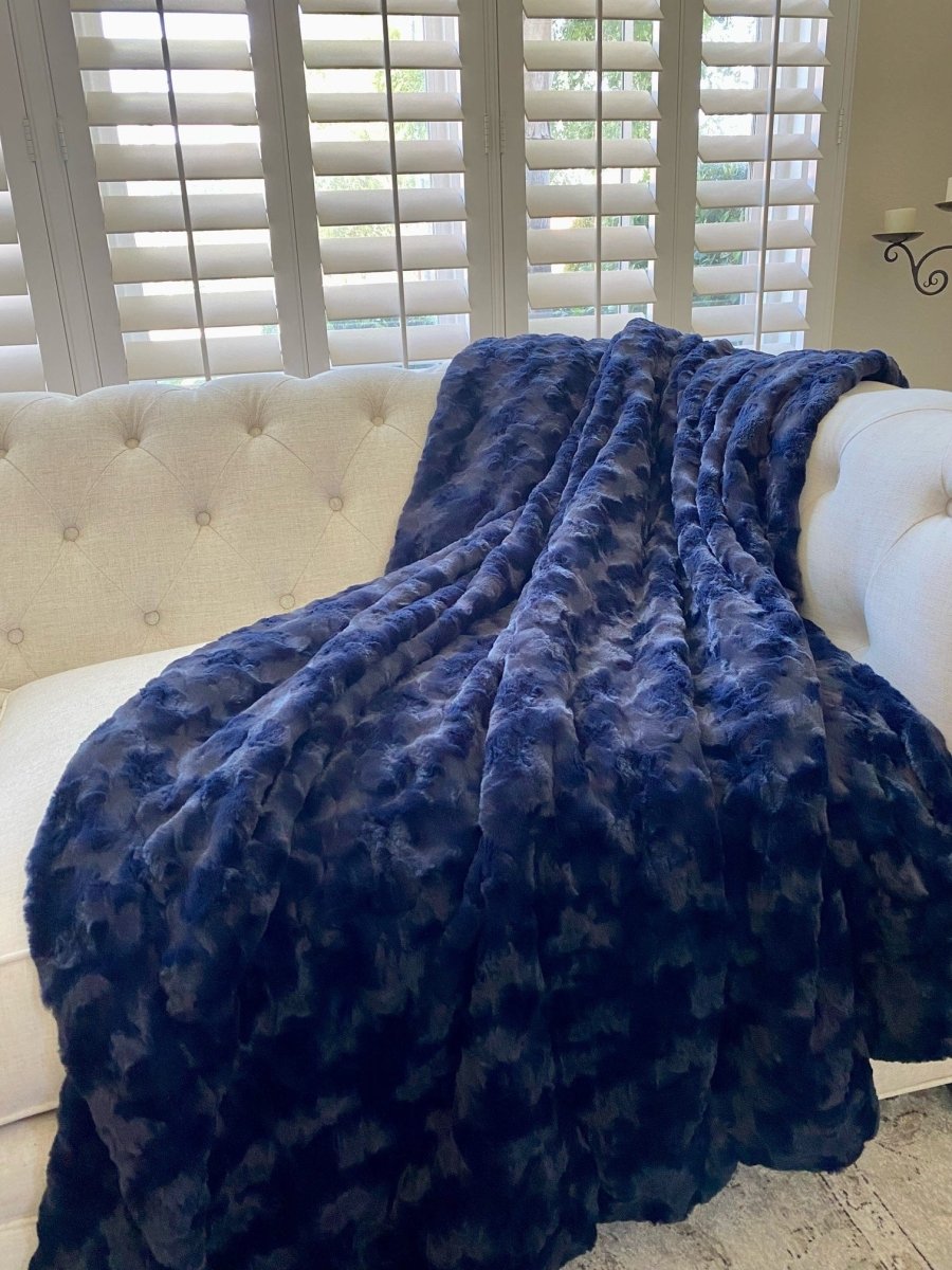 Ink Navy Dark Blue Throw soft faux fur blanket draped living room couch home