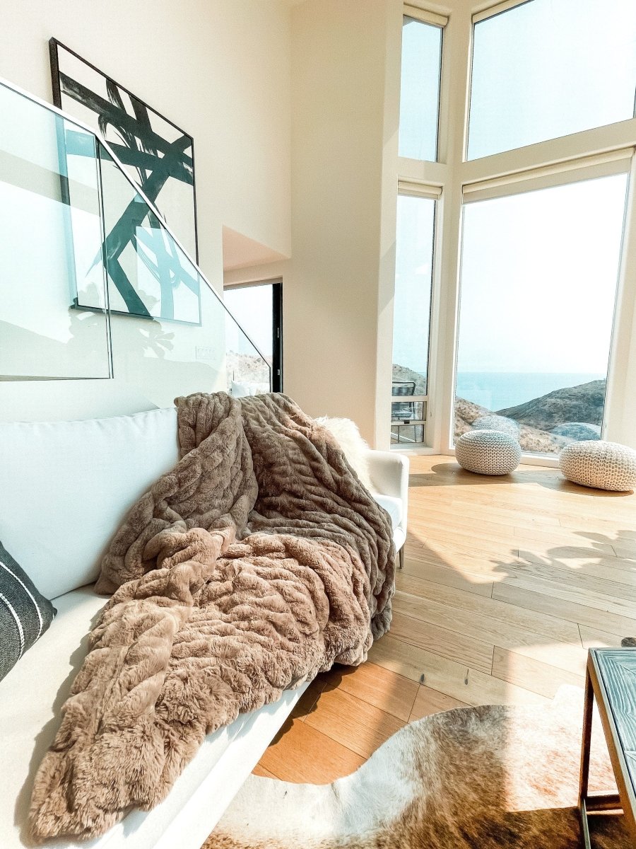 Mocha Brown Cloud Throw ultra soft luxury faux fur weighted blanket on living room couch
