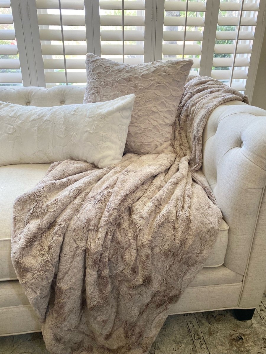 Quartz Tan Throw soft faux fur blanket draped living room couch home